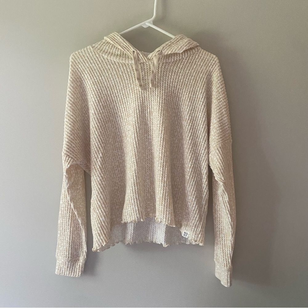 Roxy Women’s Large Soft Cream Waffle Knit Cropped Boxy Hoodie Leisure